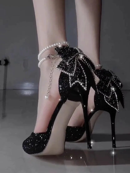 French new pointy shallow mouth temperament elegant sequin bow high heels women&