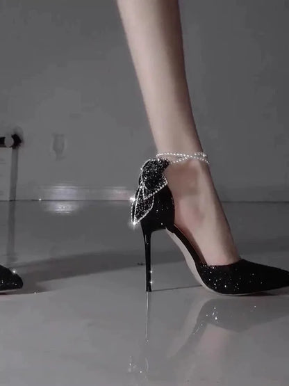 French new pointy shallow mouth temperament elegant sequin bow high heels women&