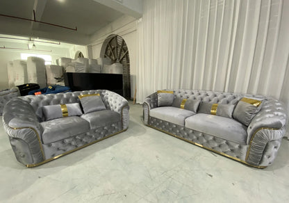 Modern luxury velvet Chesterfield Lounge sofa set with gold base and wooden legs for villa living room