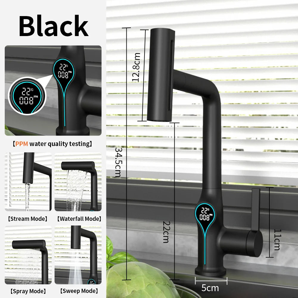 Waterfall Temperature Digital Display Basin Faucet Lift Up Down Stream Sprayer Hot Cold Water Sink Mixer Wash Tap For Bathroom