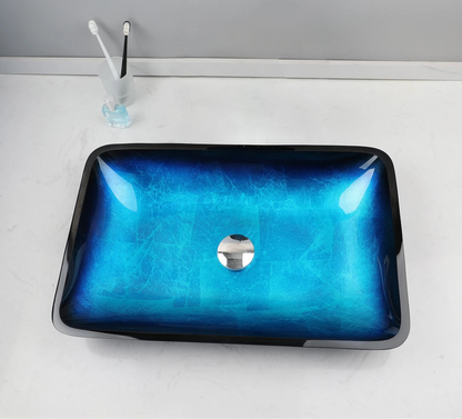 ZAPPO Tempered Glass Bathroom Vessel Sink with Waterfall Black Faucet Tap Bathroom Oval Blue Vessel Sinks Above Counter Basin