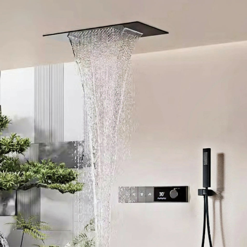 Luxury Brass Gun Grey Thermostatic LED Digital Display 3 Spray Modes Shower System.Ceiling-Embedded Waterfall Outlet Bath Mixer