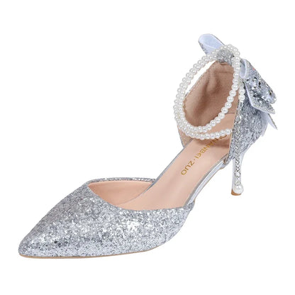French new pointy shallow mouth temperament elegant sequin bow high heels women&