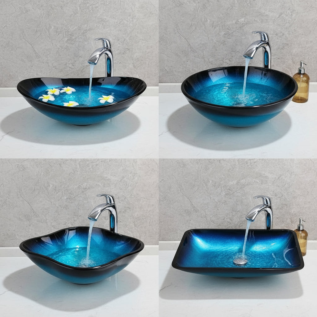 ZAPPO Tempered Glass Bathroom Vessel Sink with Waterfall Black Faucet Tap Bathroom Oval Blue Vessel Sinks Above Counter Basin