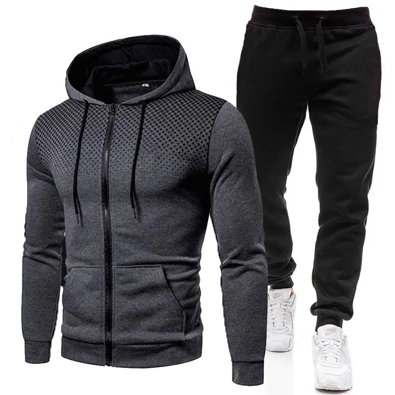 Autumn Winter Mens Tracksuit Jogging Sweatpants 2 Piece Set Sport Zipper Jacket+Running Trousers Suit Casual Printing Clothing