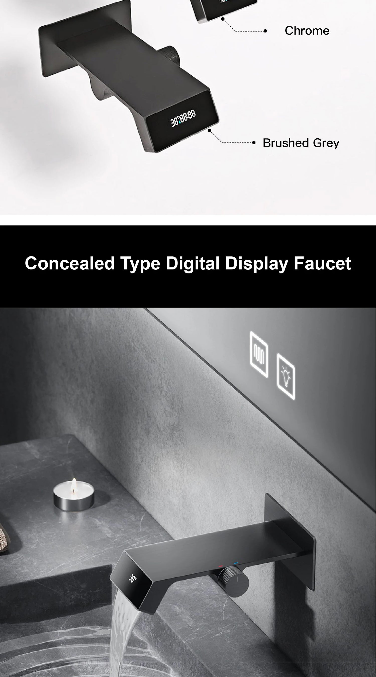 Luxury gun gray brass bathroom faucet LED digital display design, hot and cold water in wall type single handle basin faucet