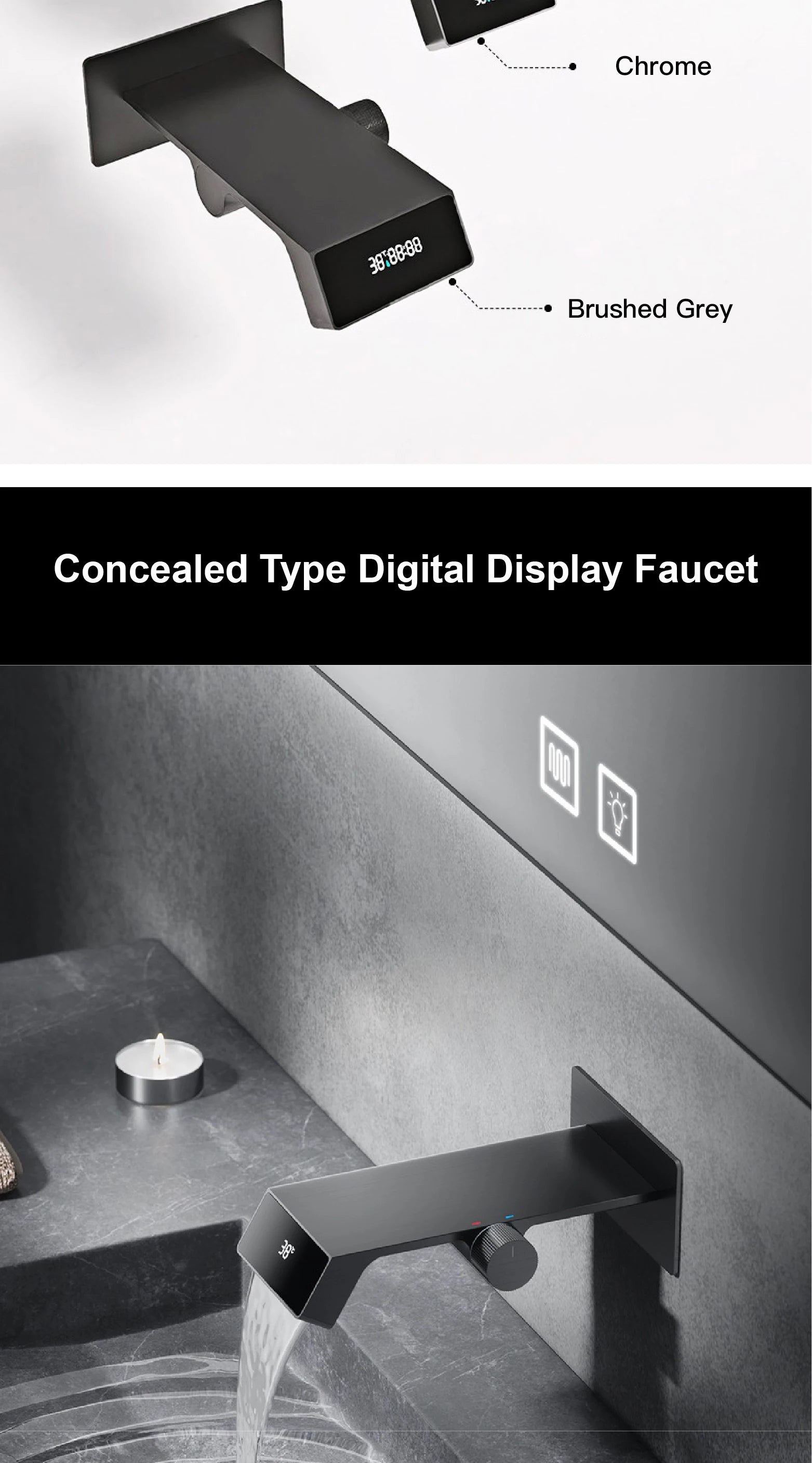 Luxury gun gray brass bathroom faucet LED digital display design, hot and cold water in wall type single handle basin faucet