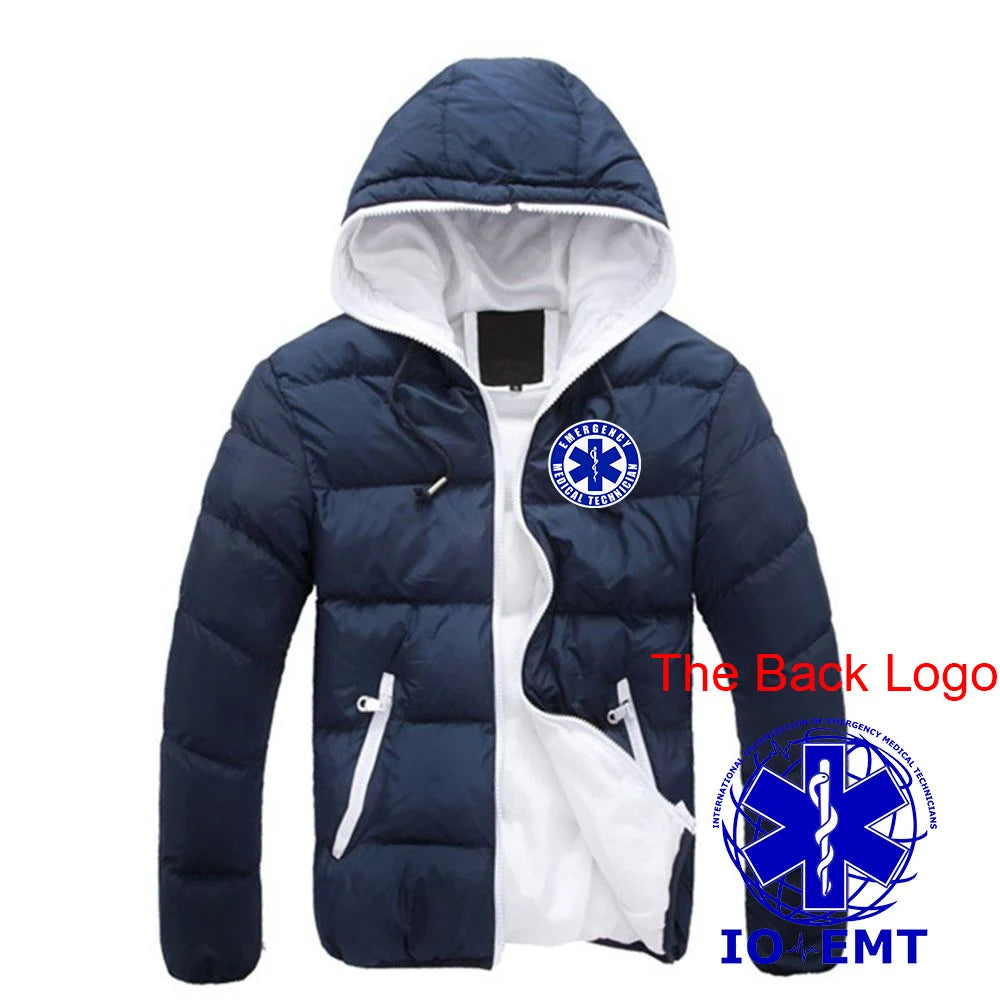 2025 Autumn Winter EMT Emergency Ambulance Print Contrast Color Design Cotton Jacket Men Casual Hooded Cold Prevention Down Coat