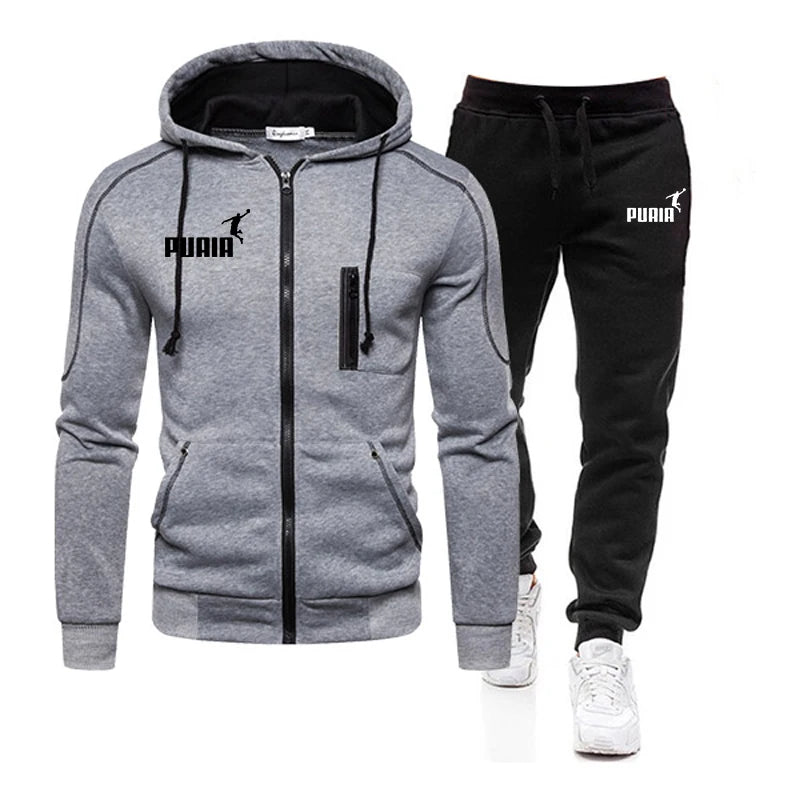 Mens Tracksuit Casual Zipper Jacket+Sweatpants 2 Pcs Set Fitness Sweatshirts Suits Hooded Coat Outdoors Jogging Mens Clothing