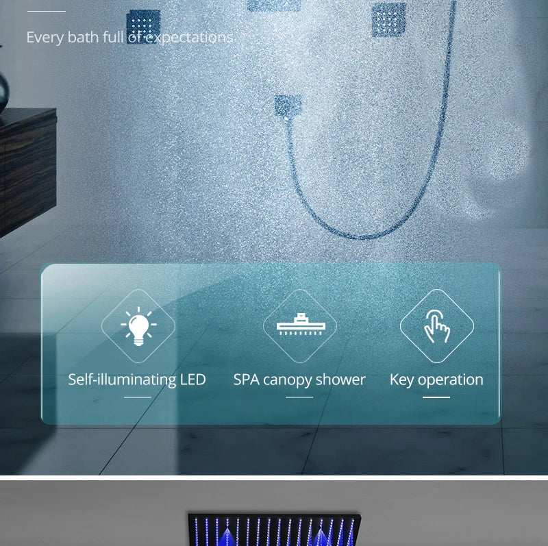 Luxury 16/20 Inch 400/500mm Rainfall Mist Spray LED Shower Head Set Constant Temperature Valve Mixer With Side Massage Jets
