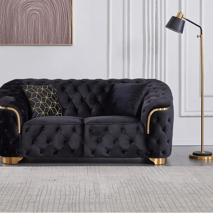 Modern luxury velvet Chesterfield Lounge sofa set with gold base and wooden legs for villa living room
