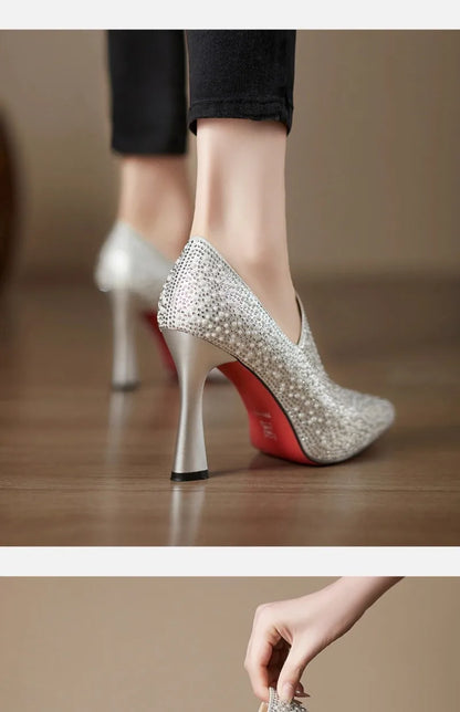 Rhinestone High Heels Shoes Sexy Pointed Toe High Heel Single Shoe Luxury Pearl Crystal Wedding Shoe Champagne Pumps Bride Shoes