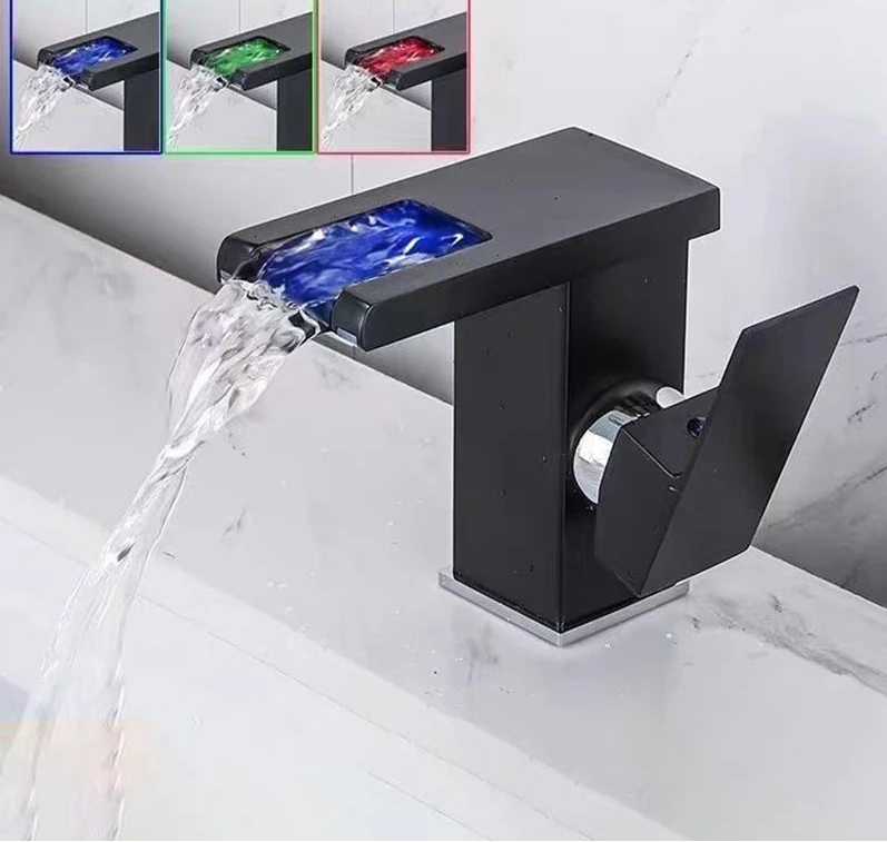 Luxury LED Black Basin Faucet Tall And Short Tap Bathroom Single Handle Cold and Hot Water Flow Produces Electricity