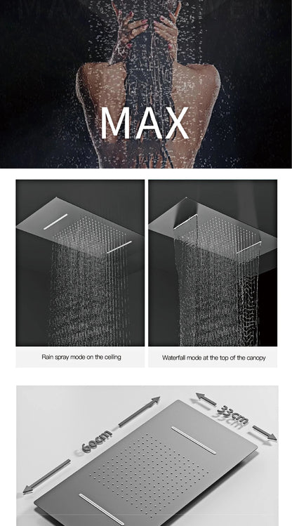 Luxury Brass Gun Grey Thermostatic LED Digital Display 3 Spray Modes Shower System.Ceiling-Embedded Waterfall Outlet Bath Mixer