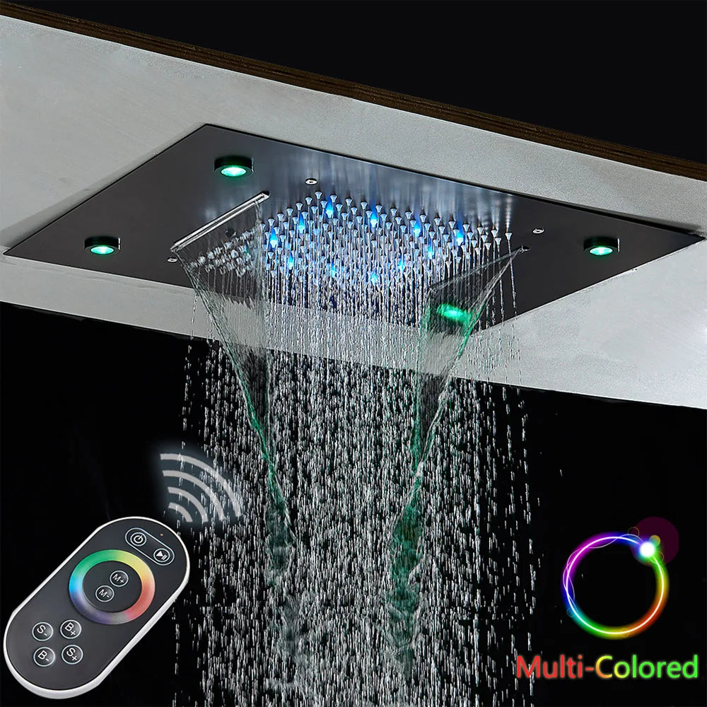 Black Thermostatic Bathroom Shower Faucet Set Remote LED Rainfall Head Faucets Crane 3 Way Concealed Embedded Hot Cold Mixer Tap