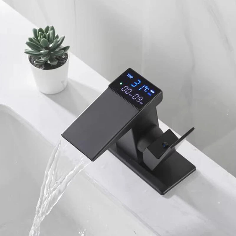 Smart Digital Display Basin Sink Faucet Hot Cold Water Temperature LED  Washbasin Waterfall Taps Bathroom Deck Mixers