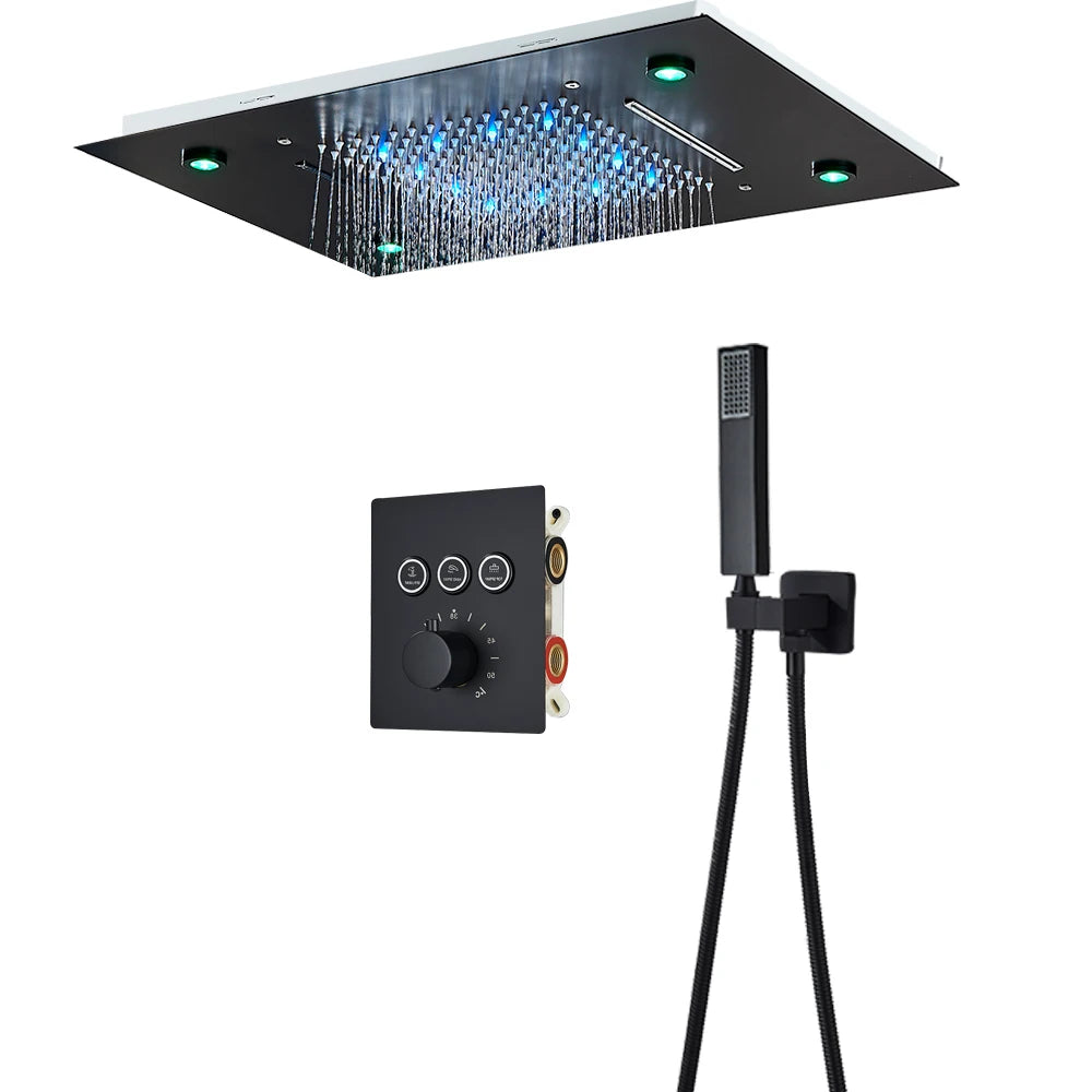 Black Thermostatic Bathroom Shower Faucet Set Remote LED Rainfall Head Faucets Crane 3 Way Concealed Embedded Hot Cold Mixer Tap