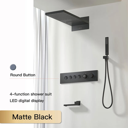 Luxury  black brass shower system wall-mounted LED digital display design Cold &amp; hot dual-control 4-function ceiling shower Tap