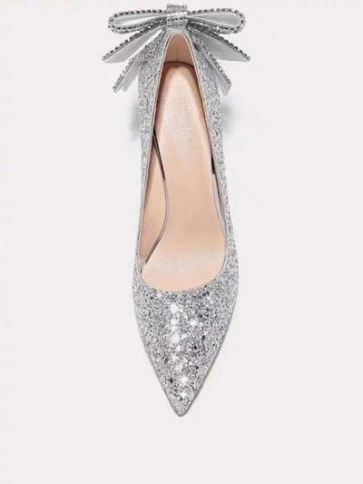 Silver Crystal Soft Leather High Heels Women's oes 2023 New Sle arp Pointed Toe Single oes for Wedding And Banquet