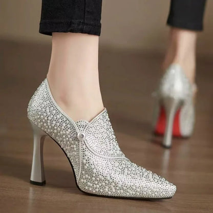 Rhinestone High Heels Shoes Sexy Pointed Toe High Heel Single Shoe Luxury Pearl Crystal Wedding Shoe Champagne Pumps Bride Shoes