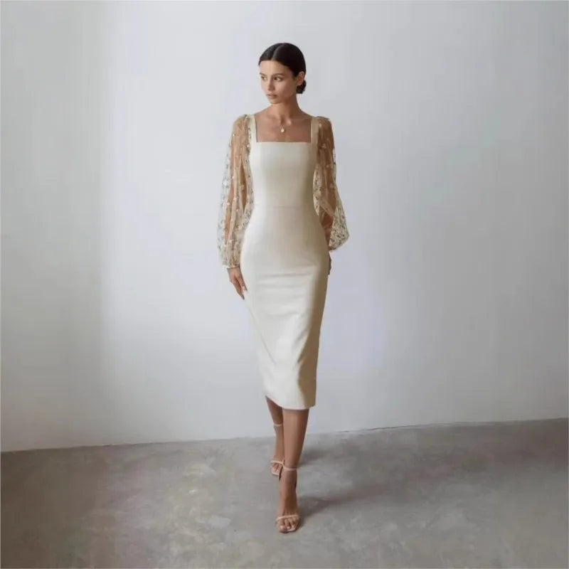 Elegant Dresses 2025 Woman Temperament Vestidos Largos French Dress Simple Style Solid Color Package Hip Patchwork Puff Sleeves