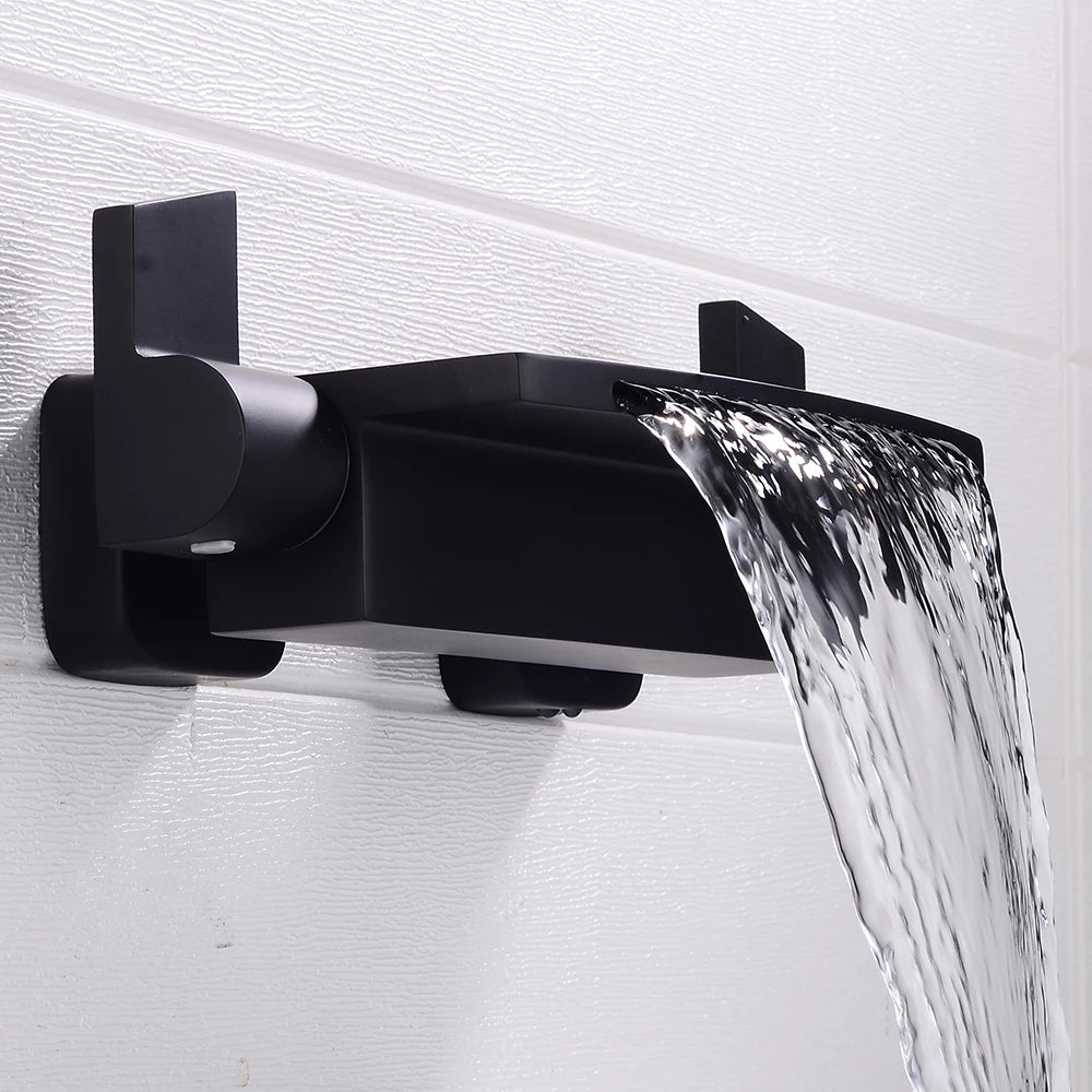 Black Bathroom Waterfall Tub Faucet Deck Mount Dual Handle Brass Bathtub Shower Faucet Mixer Tub Tap