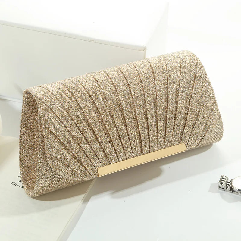 Metal Luxury Women Evening Bags Ruched Design Sequined Small Envelope Shaped Box Party Wedding Event Handbags Purse