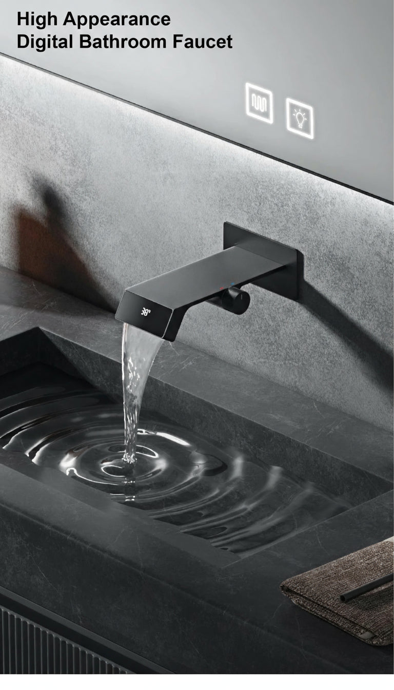 Luxury gun gray brass bathroom faucet LED digital display design, hot and cold water in wall type single handle basin faucet