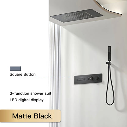 Luxury  black brass shower system wall-mounted LED digital display design Cold &amp; hot dual-control 4-function ceiling shower Tap