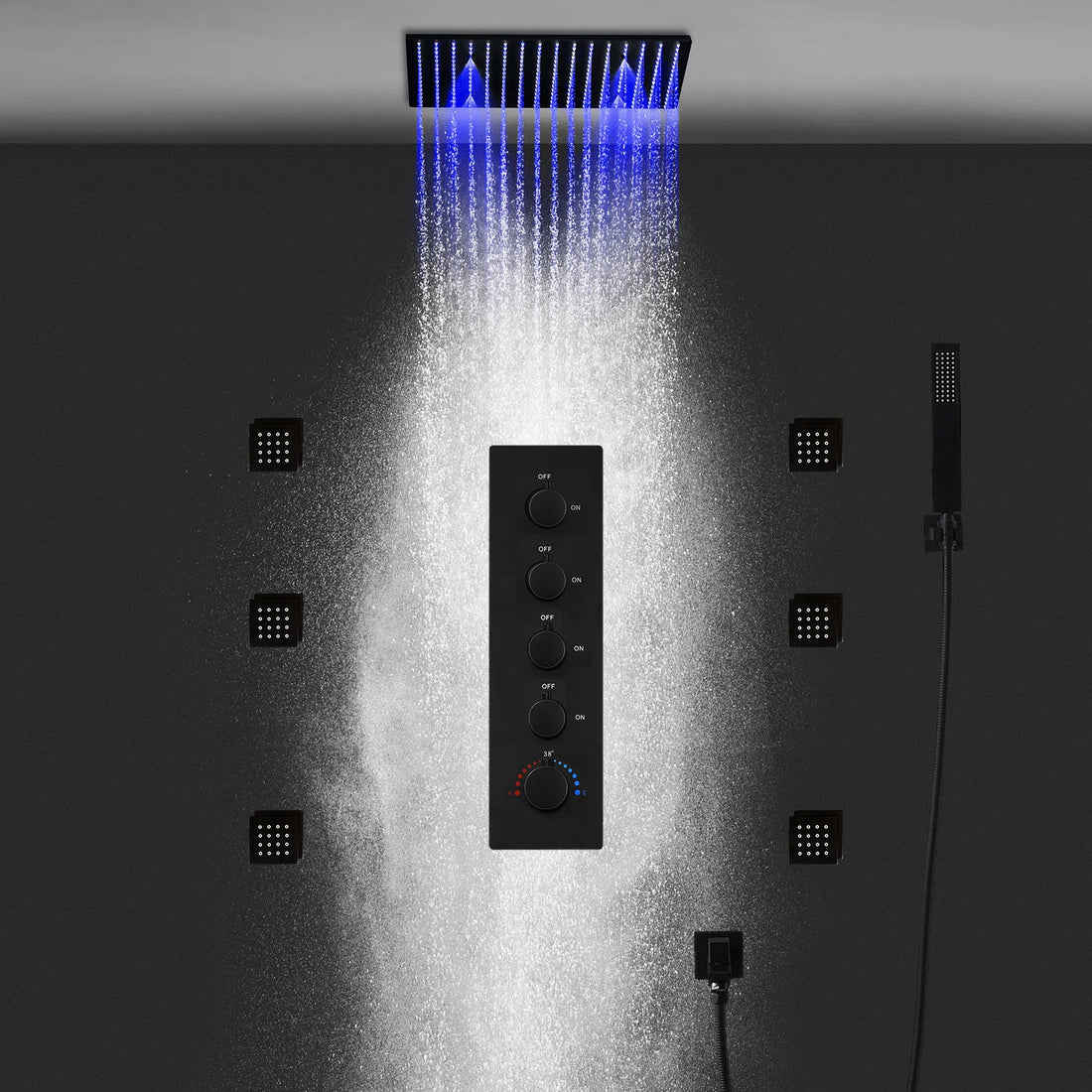 Luxury 16/20 Inch 400/500mm Rainfall Mist Spray LED Shower Head Set Constant Temperature Valve Mixer With Side Massage Jets