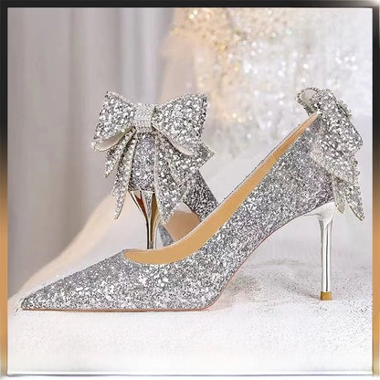Silver Crystal Soft Leather High Heels Women&