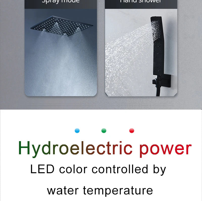 Luxury 16/20 Inch 400/500mm Rainfall Mist Spray LED Shower Head Set Constant Temperature Valve Mixer With Side Massage Jets