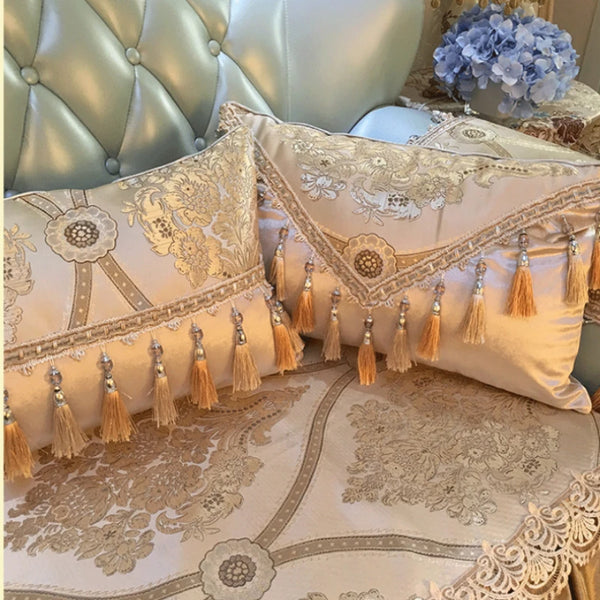 European Luxury Jacquard Tassel Lace Decorative Sofa Pillow Cushion Cover, Rectangular Pillow Case, Large Backrest Cushion Cover