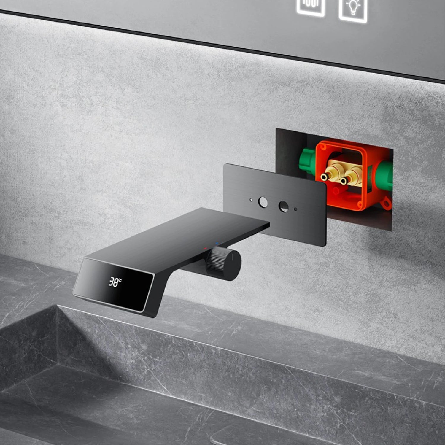 Luxury gun gray brass bathroom faucet LED digital display design, hot and cold water in wall type single handle basin faucet