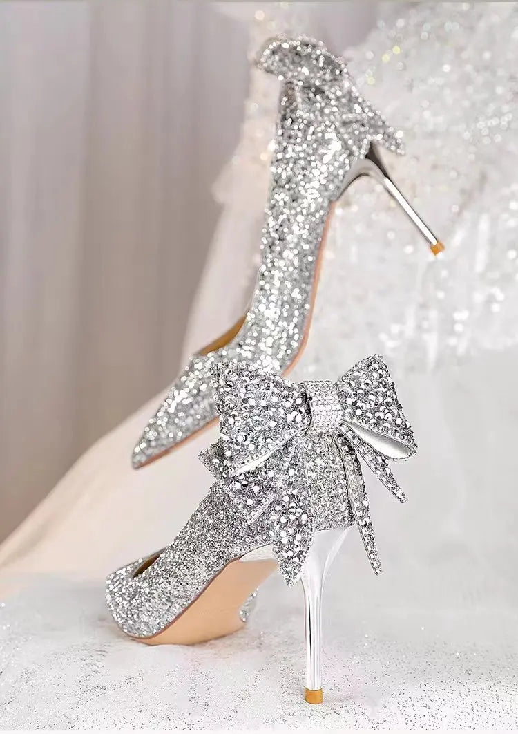 Silver Crystal Soft Leather High Heels Women&