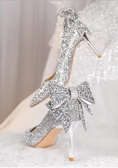 Silver Crystal Soft Leather High Heels Women&