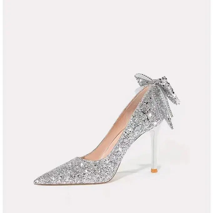 Silver Crystal Soft Leather High Heels Women&