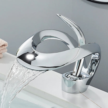 Solid Brass Waterfall Basin Faucet Single Handle Hot Cold Water Mixer Tap For Bathroom Sink