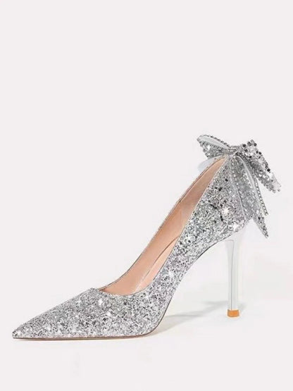 Silver Crystal Soft Leather High Heels Women&