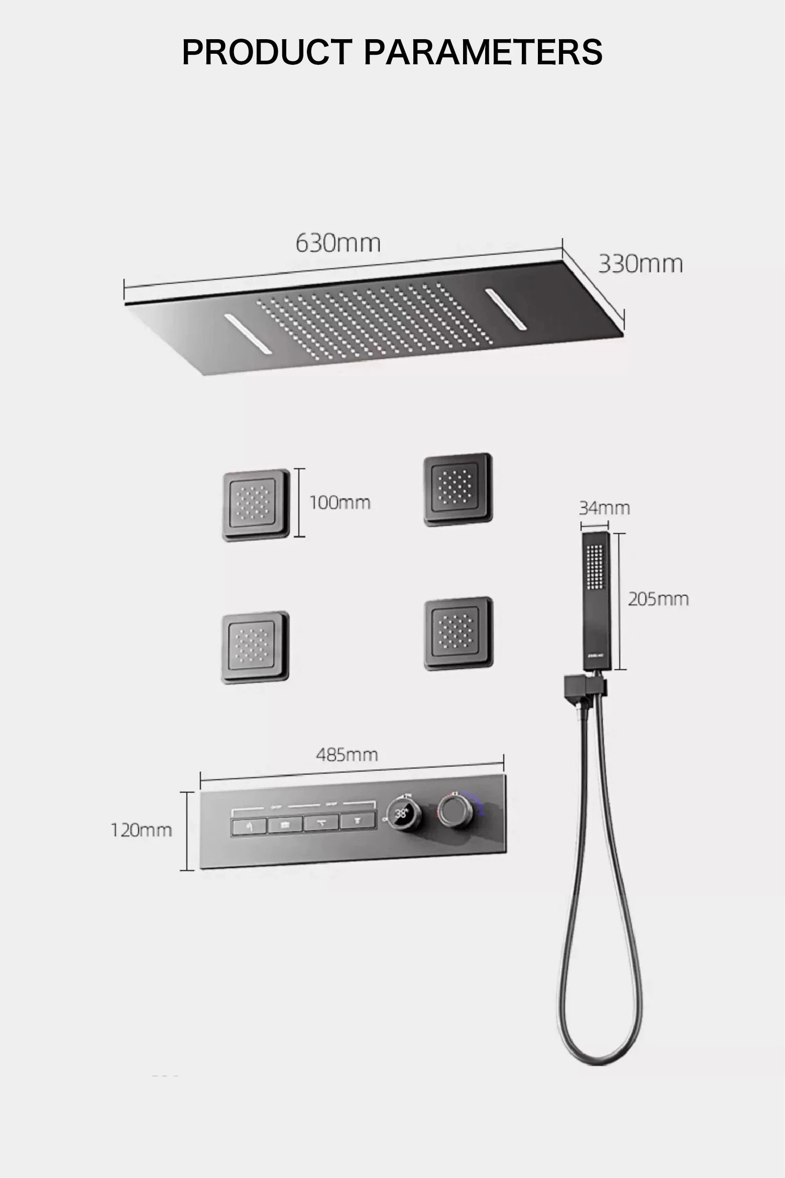 Luxury gun gray brass shower system with ceiling design Hidden LED digital display Dual control of Hot &amp; Cold  bathroom Faucet