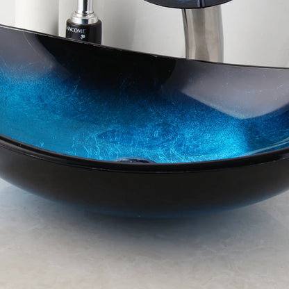 ZAPPO Tempered Glass Bathroom Vessel Sink with Waterfall Black Faucet Tap Bathroom Oval Blue Vessel Sinks Above Counter Basin
