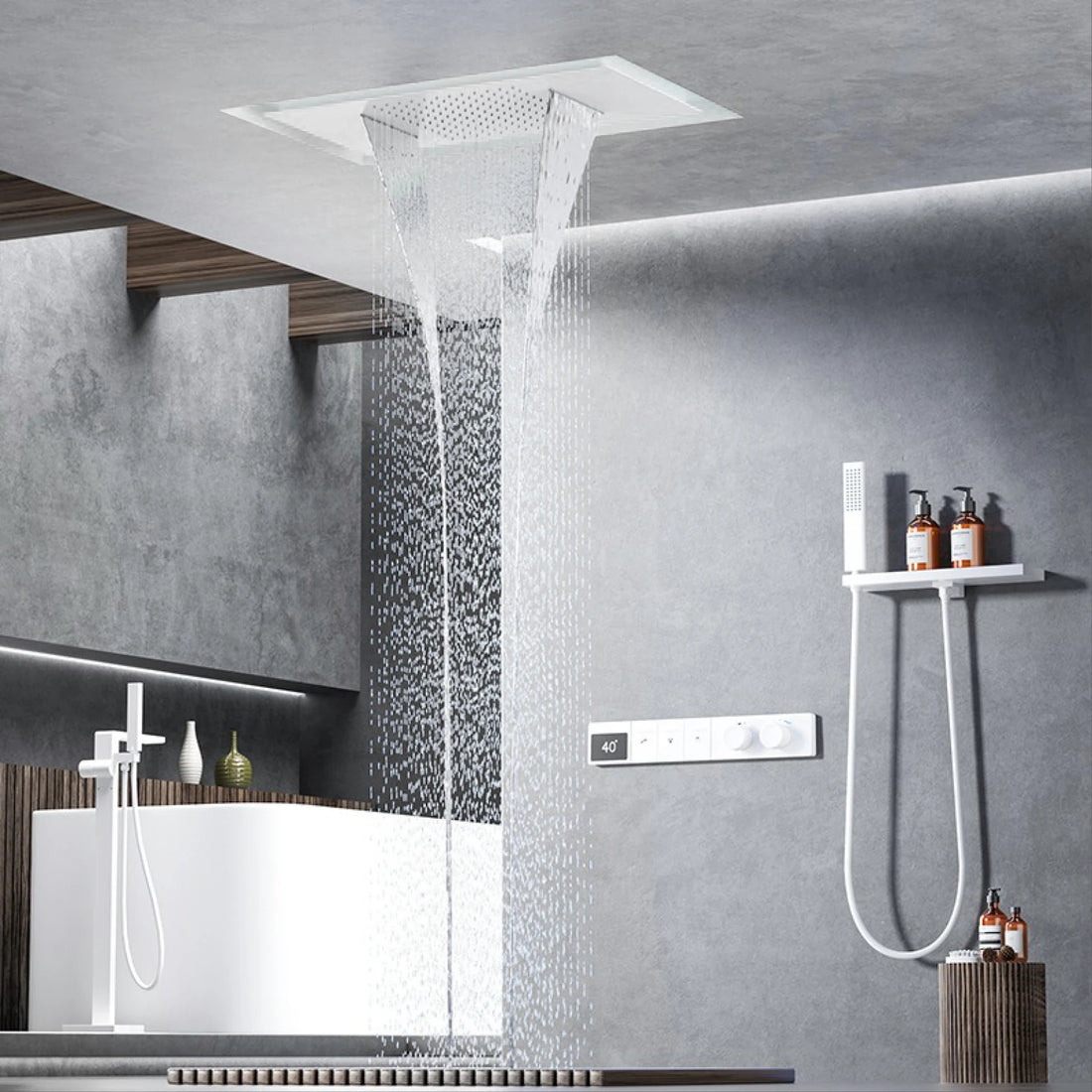 Luxury brass gun gray ceiling constant temperature shower system LED digital display hot and cold water embedded bathroom faucet