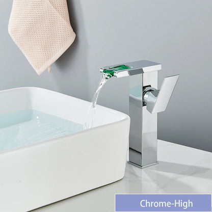 LED Bathroom Sink Faucet Brass Waterfall Faucet BlackBathroom Hot/Cold Mixer Crane Deck Mounted Wash Sink Taps Single Handle Tap
