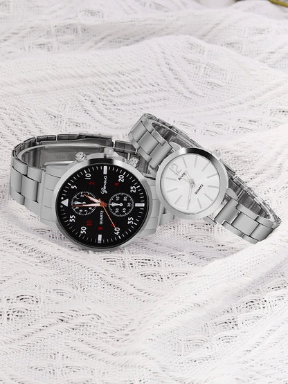 4pcs Fashion Versatile Couple Watch Casual Pair Watch Steel Band Quartz Watch Couple Necklace