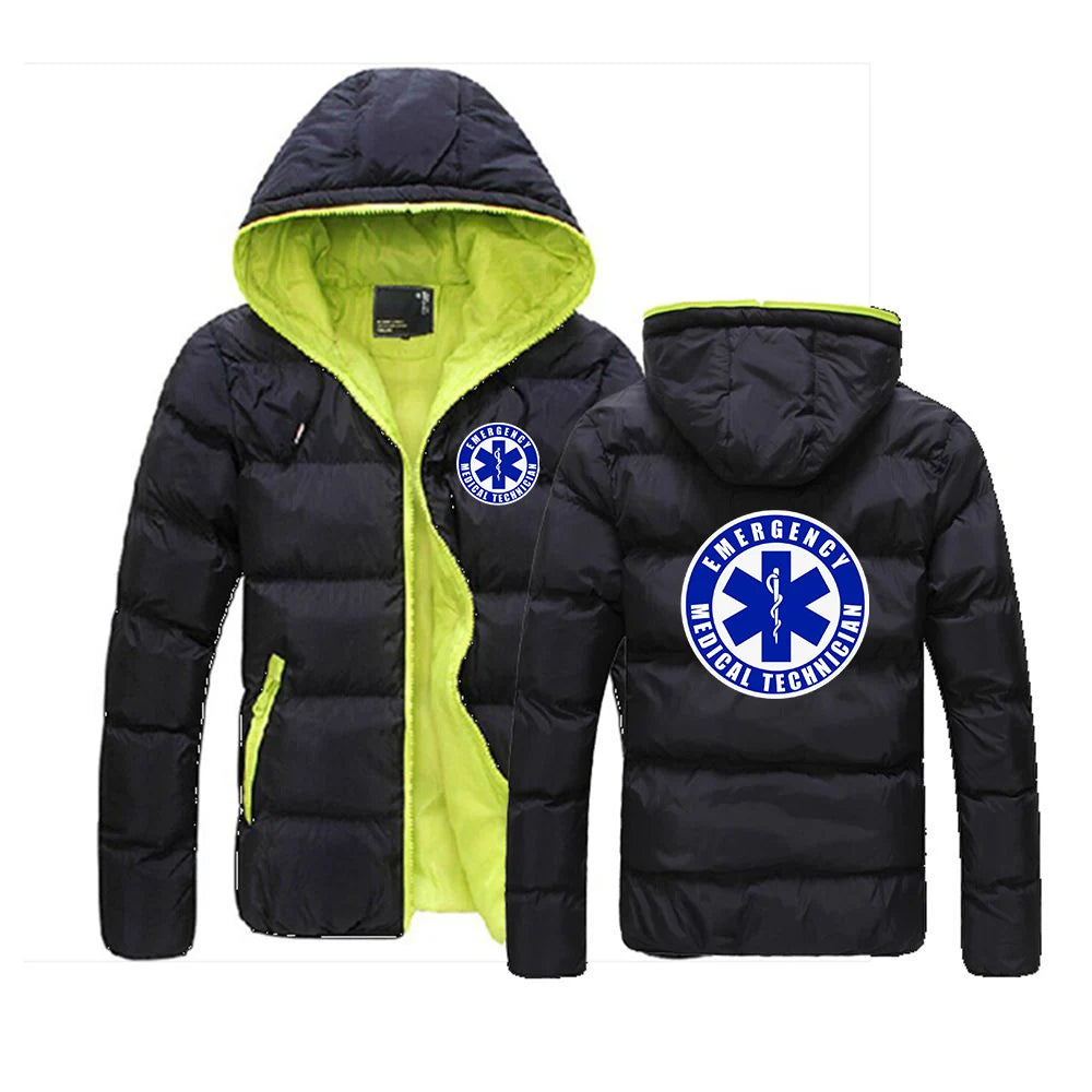 2025 Autumn Winter EMT Emergency Ambulance Print Contrast Color Design Cotton Jacket Men Casual Hooded Cold Prevention Down Coat