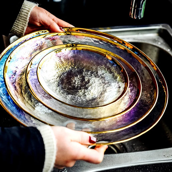 Thick Rainbow Glass Dinner Plates Steak Plate Dishes Salad Fruit Bowl Luxury Gold Inlay Glass Cake Food Plate Tableware