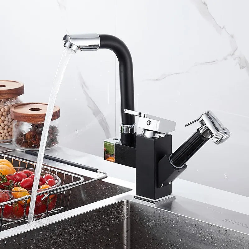 kitchen Sink Faucet Black Deck Mounted Flexible Pull Out Mixer Tap Hot Cold Kitchen Faucet Spring Spout Chrome Silver Faucet