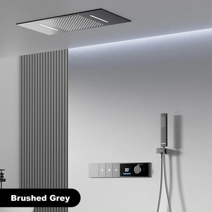 Luxury Brass Gun Grey Thermostatic LED Digital Display 3 Spray Modes Shower System.Ceiling-Embedded Waterfall Outlet Bath Mixer