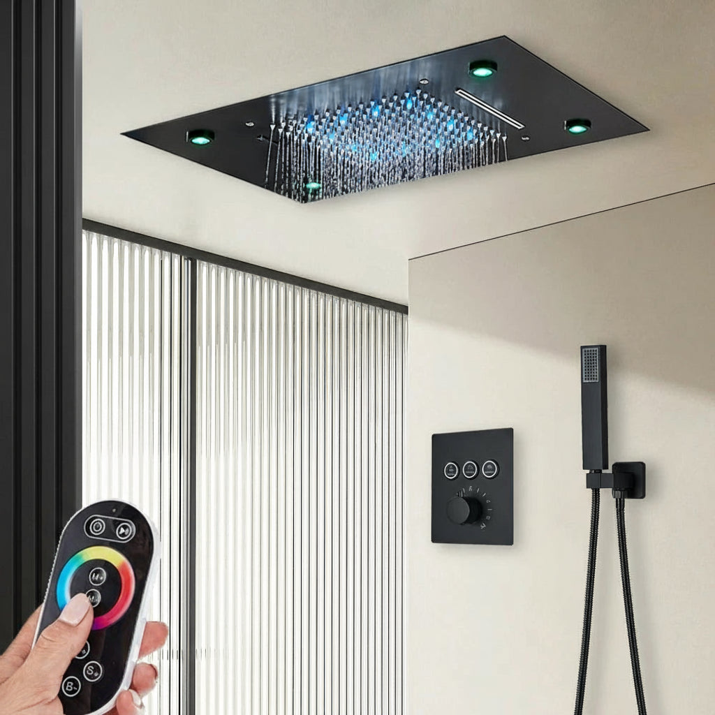 Black Thermostatic Bathroom Shower Faucet Set Remote LED Rainfall Head Faucets Crane 3 Way Concealed Embedded Hot Cold Mixer Tap