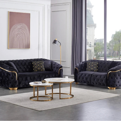 Modern luxury velvet Chesterfield Lounge sofa set with gold base and wooden legs for villa living room